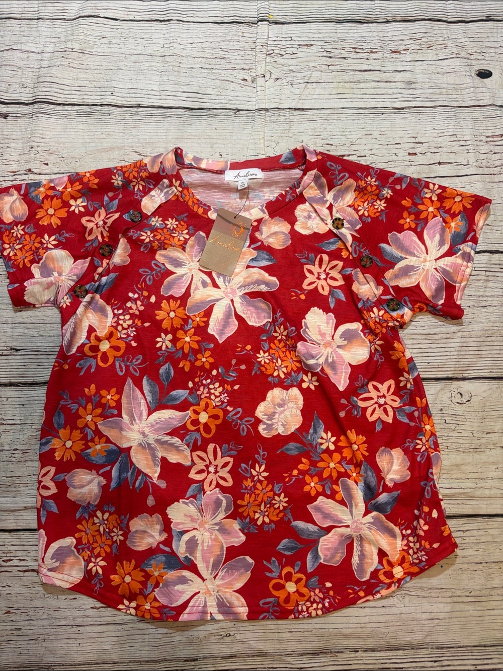 Anneliese Women’s Floral Short Sleeve Top - Red Sz PL